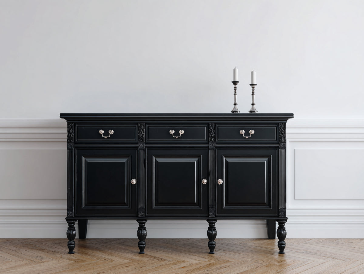 Mueble recibidor de madera con 3 puertas y 3 cajones 150x42x92 cm - Negro y plateado - Diseño clásico tallado