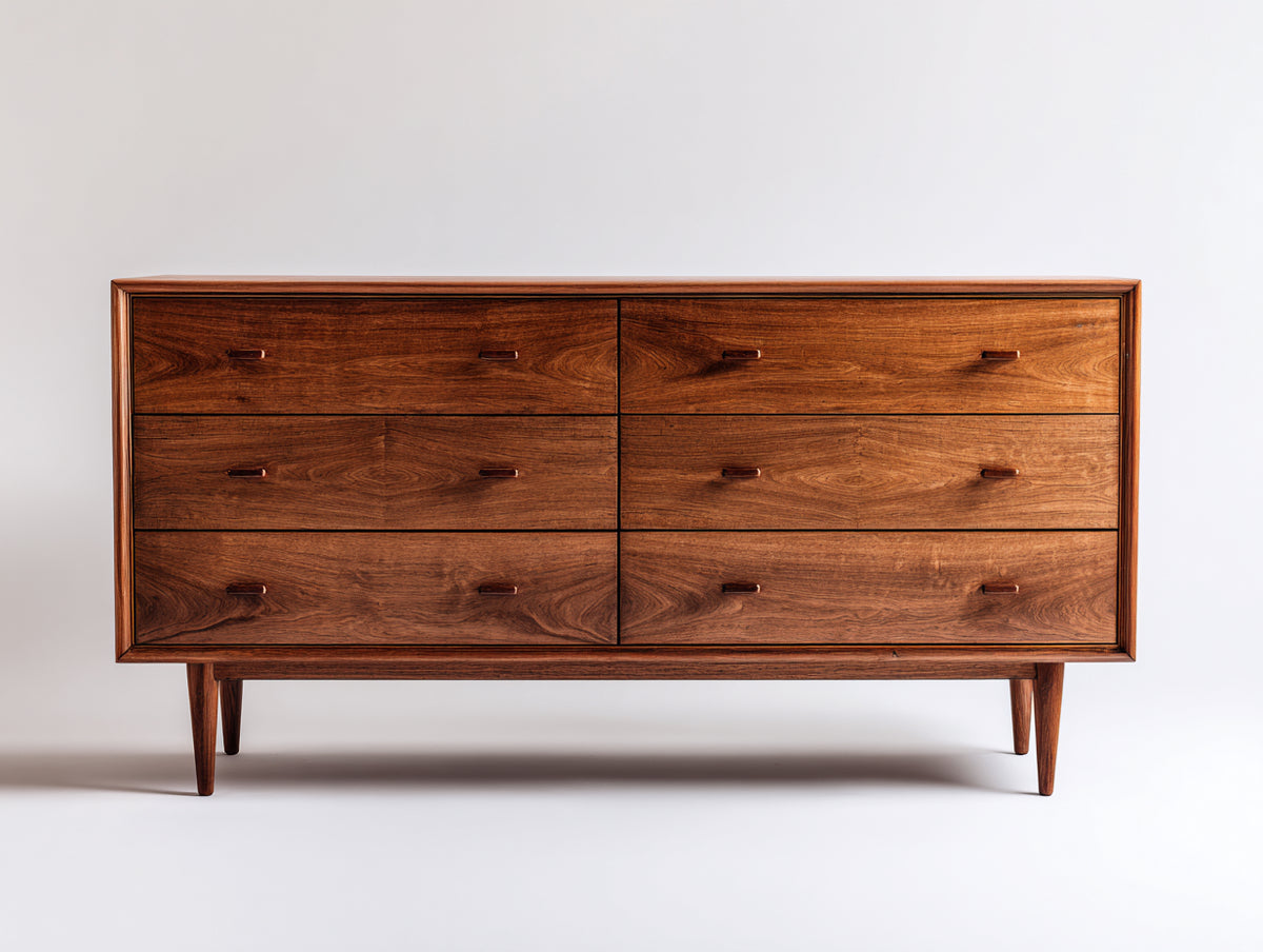 Cómodas de madera 155 x 45 x 84 cm - marrón nogal - 6 cajones con diseño moderno de inspiración retro