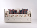 Sofás cama de madera con 2 cajones 190x90x98 cm - Blanco y crema floral - Diseño clásico con almacenaje