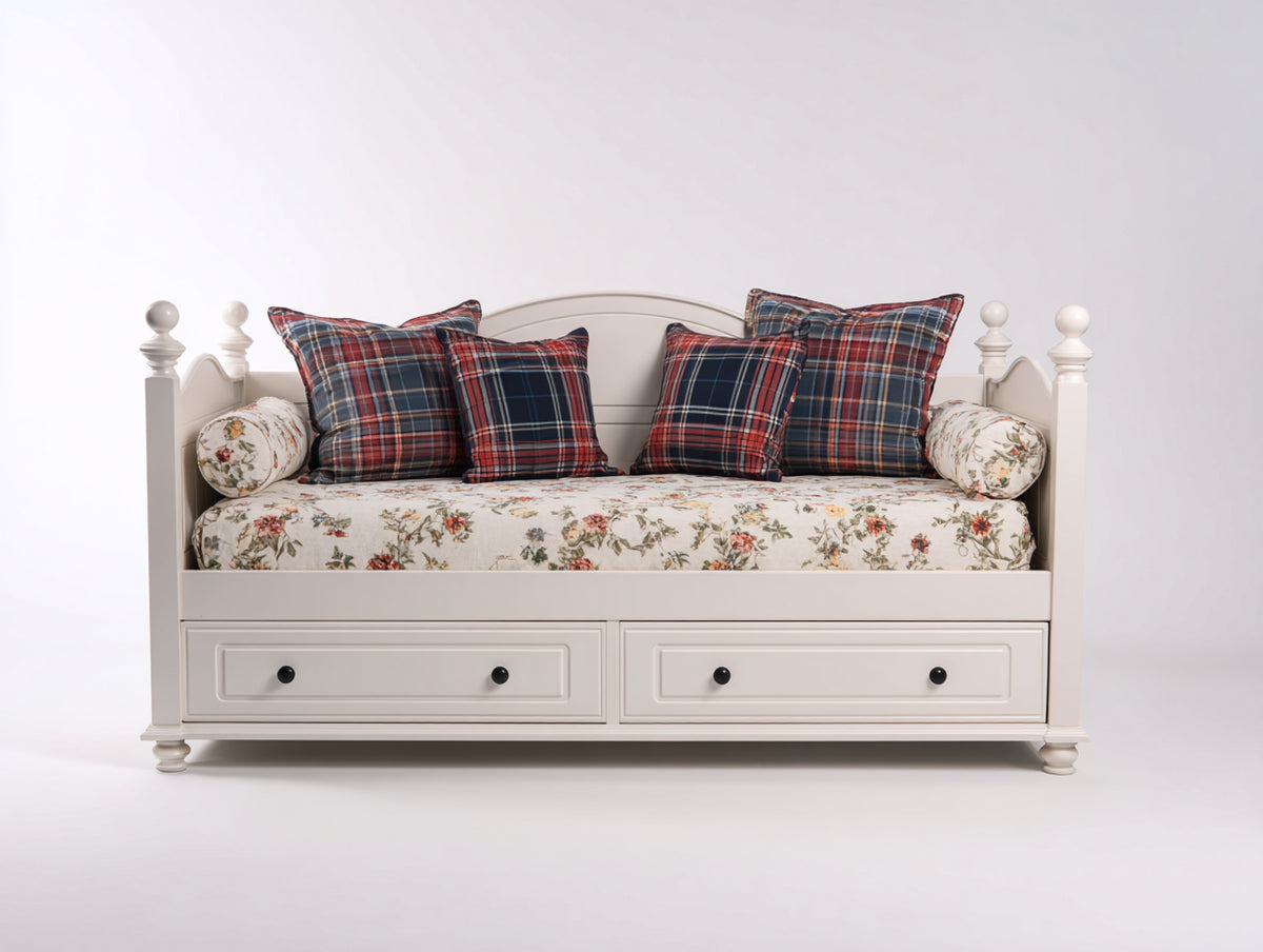Sofás cama de madera con 2 cajones 190x90x98 cm - Blanco y crema floral - Diseño clásico con almacenaje