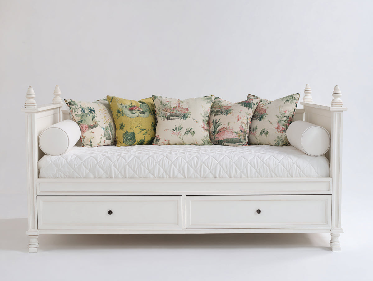 Sofás cama de madera con 2 cajones 190x90x96 cm - Blanco y blanco acolchado - Diseño clásico con almacenaje