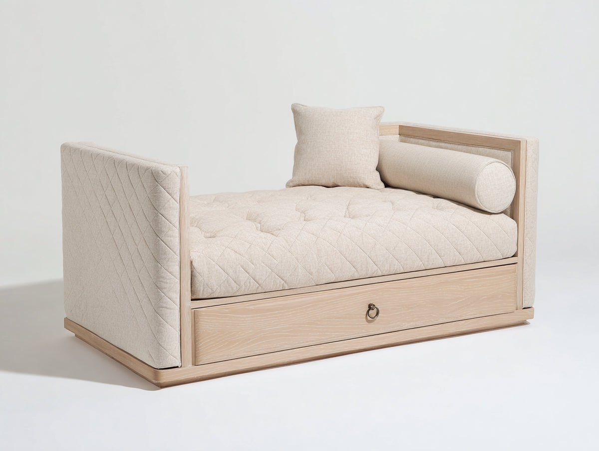 Sofás cama tapizado en tejido con cajón inferior 190x85x82 cm - Beige y madera natural - Diseño moderno