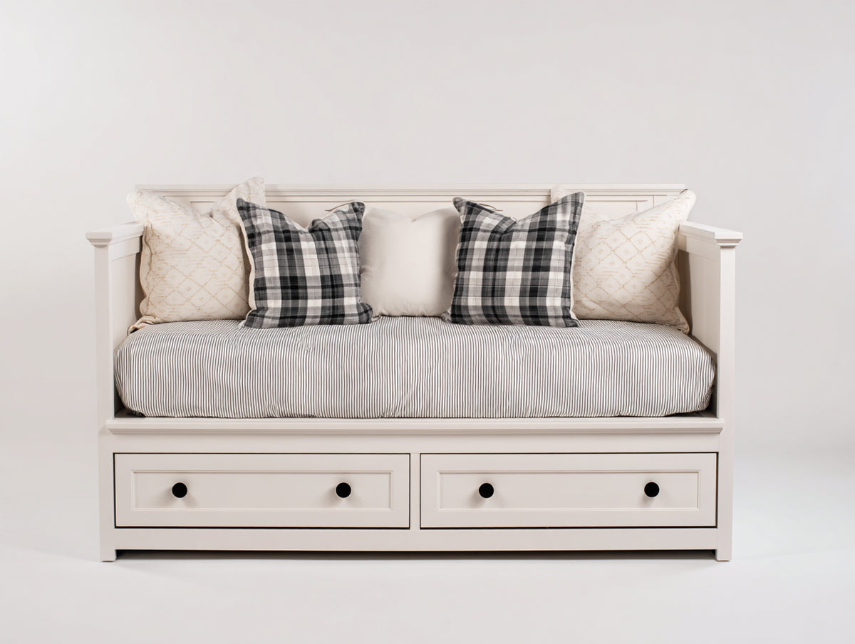 Sofás cama de madera con 2 cajones 195x90x90 cm - Blanco y gris a rayas - Diseño clásico con almacenaje