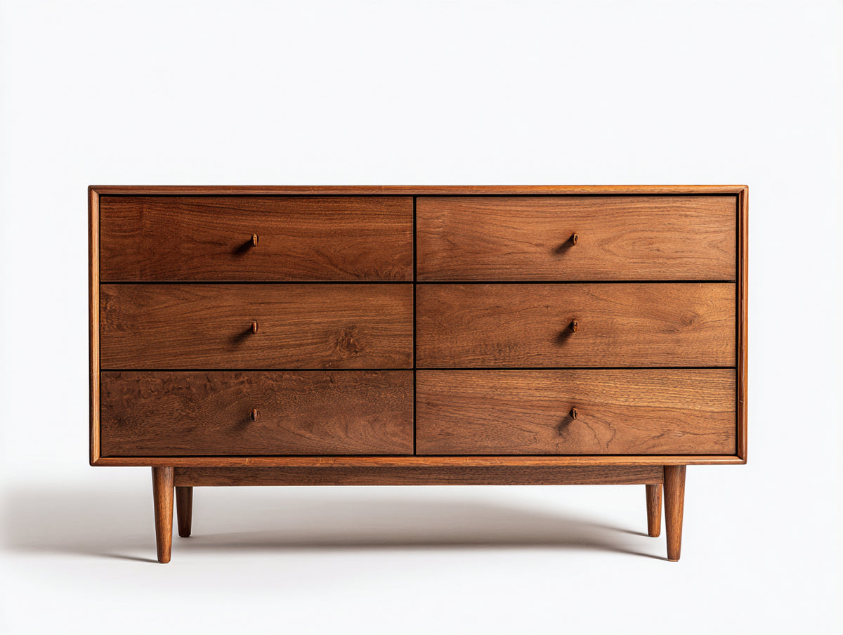 Cómodas de madera 145 x 44 x 82 cm - marrón nogal - 6 cajones con diseño moderno de inspiración retro