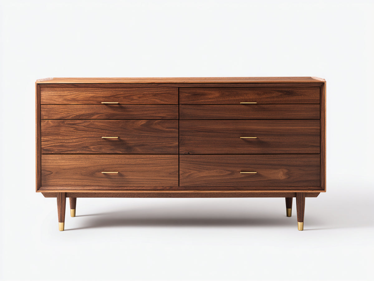 Cómodas de madera 150 x 45 x 85 cm - marrón nogal - 6 cajones con detalles metálicos y diseño moderno retro