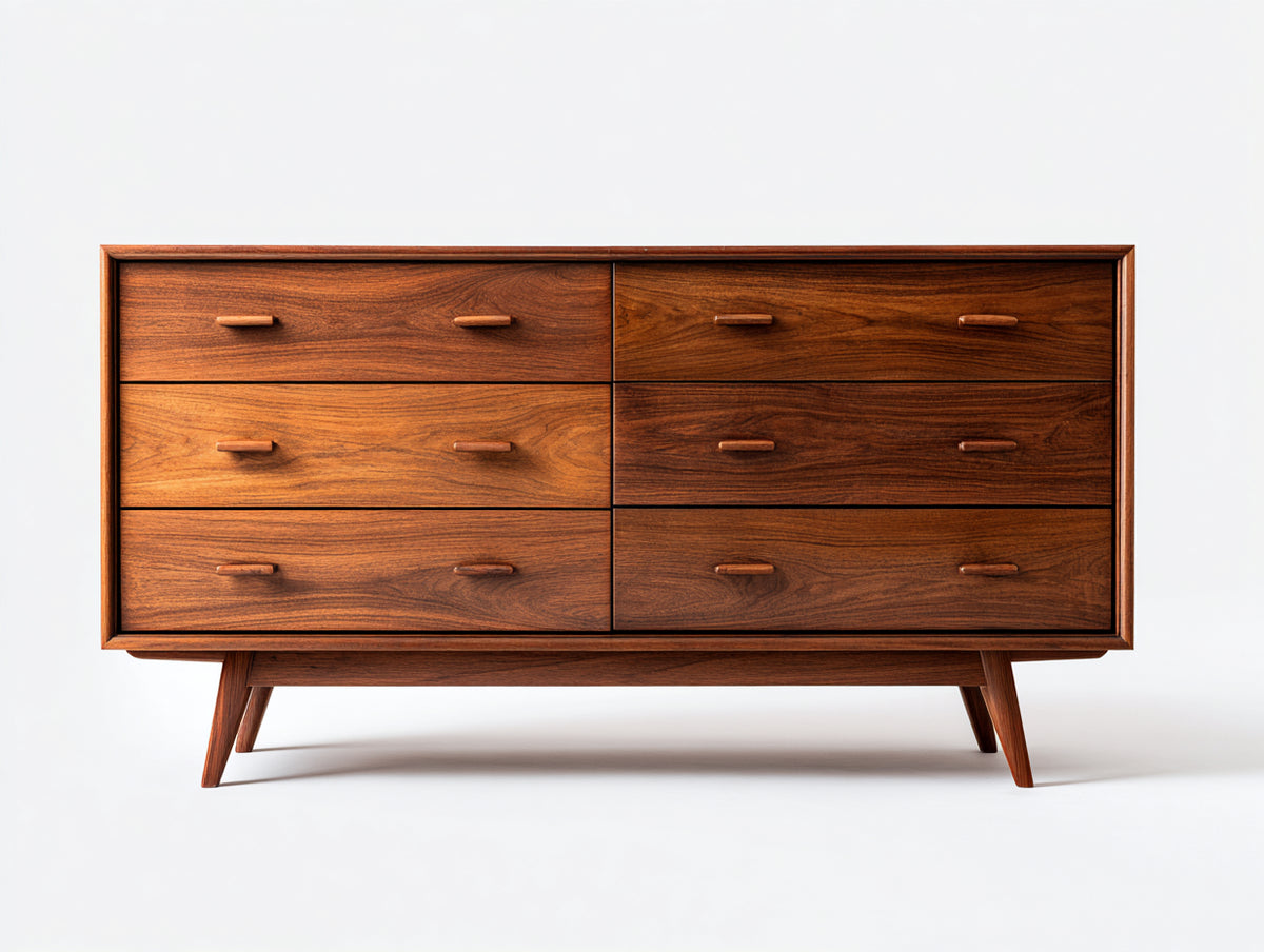Cómodas de madera 150 x 45 x 85 cm - marrón nogal - 6 cajones con diseño moderno de inspiración retro