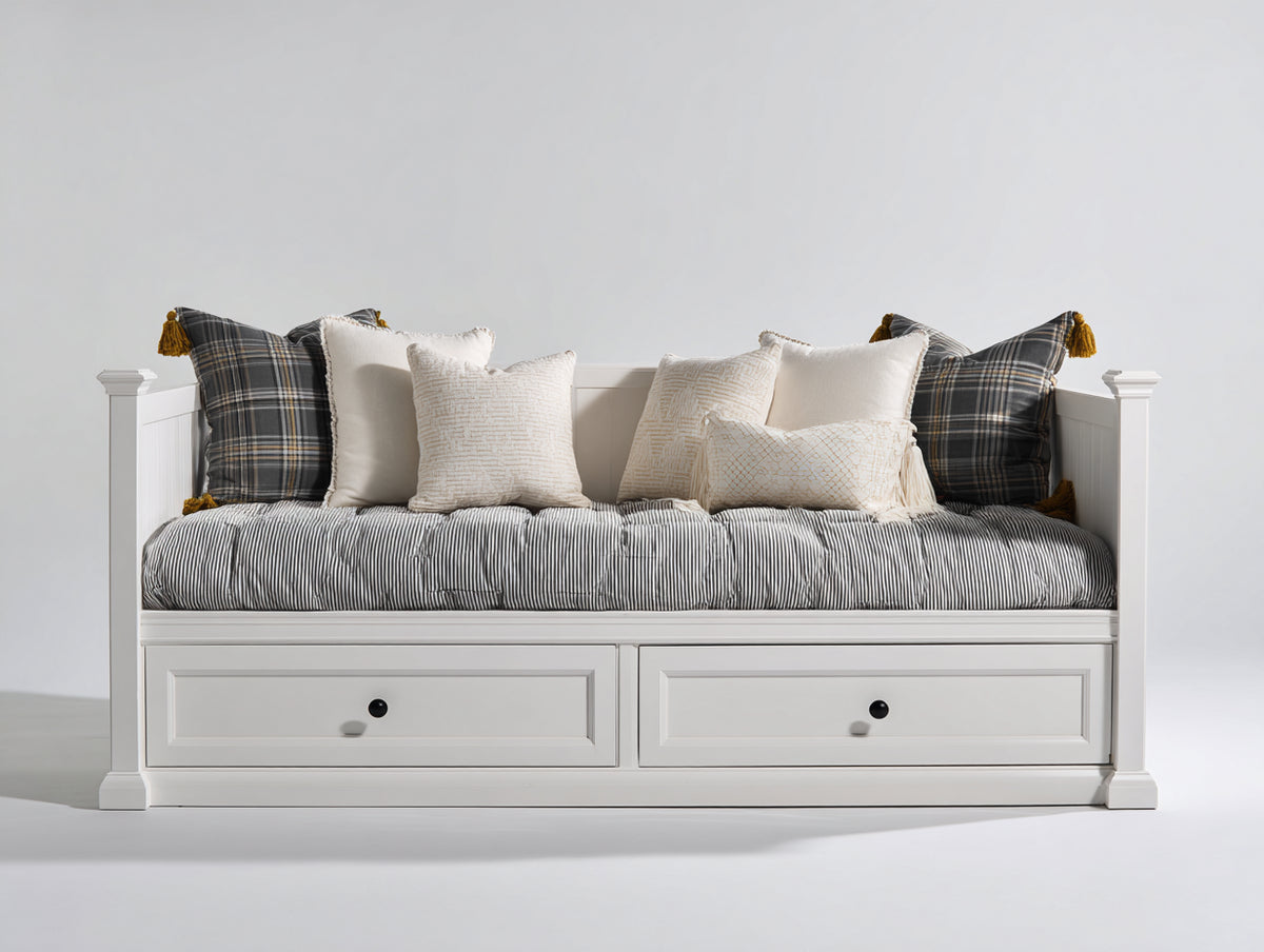 Sofás cama de madera con 2 cajones 195x90x92 cm - Blanco y gris a rayas - Diseño clásico con almacenaje