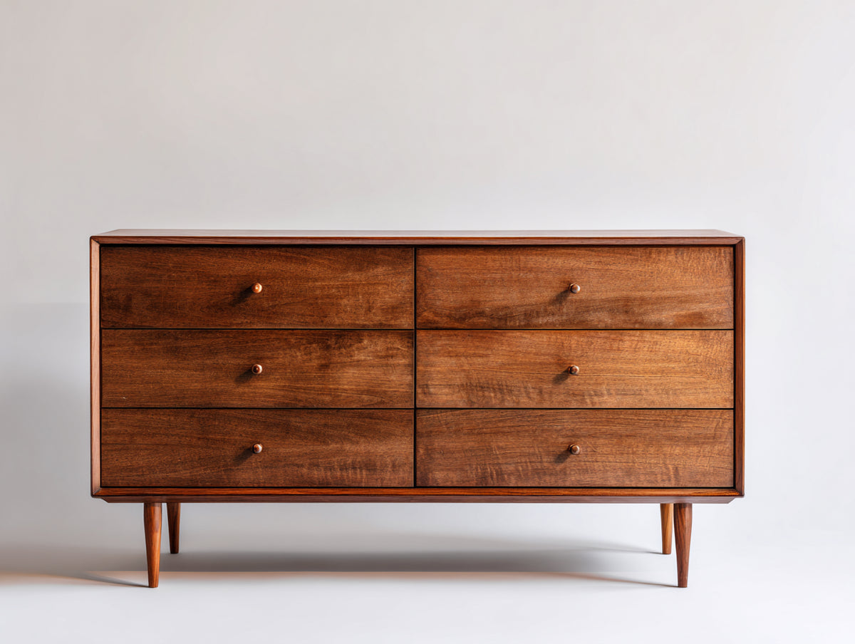 Cómodas de madera con 6 cajones 150x45x85 cm - Nogal cálido - Diseño retro moderno
