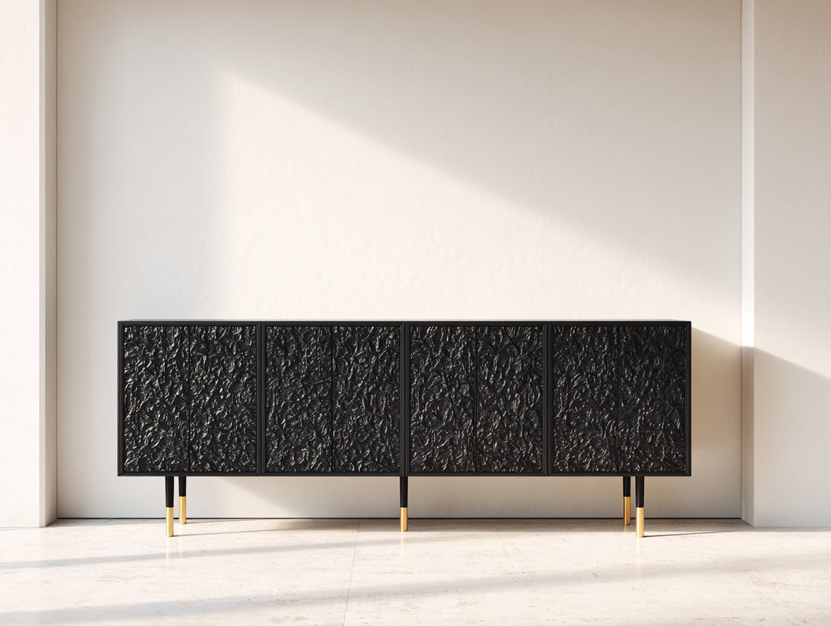 Mueble recibidor de madera 180 x 42 x 80 cm - negro - diseño moderno con 8 puertas y frentes texturizados