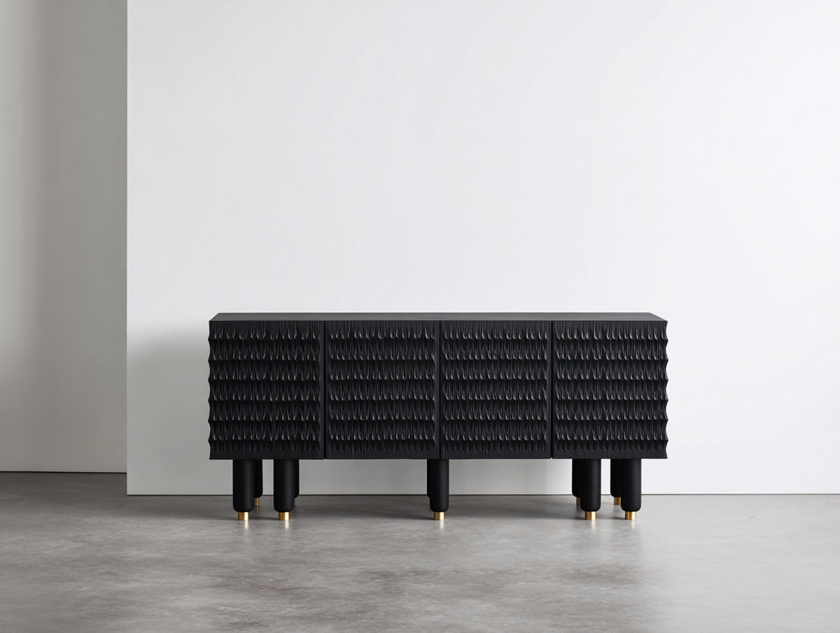 Mueble recibidor de madera con 4 puertas 160x40x80 cm - Negro y dorado - Diseño moderno con relieve texturizado